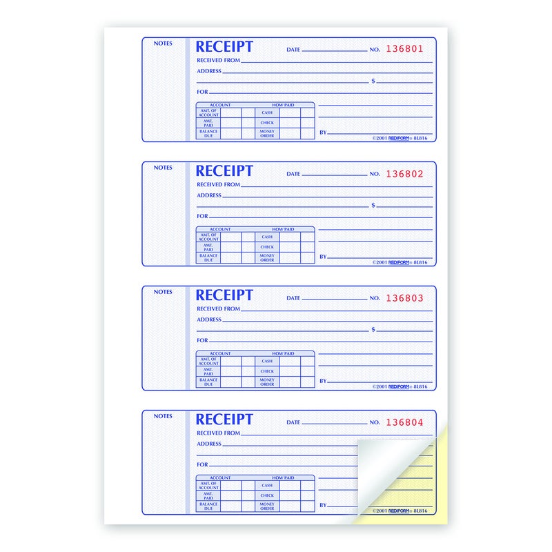 RediformÂ® Money Receipt Book, Carbonless, 400 Numbered Duplicates, 4/Page, 11" x 7.625" (RED8L816) (8L816) - Image 1